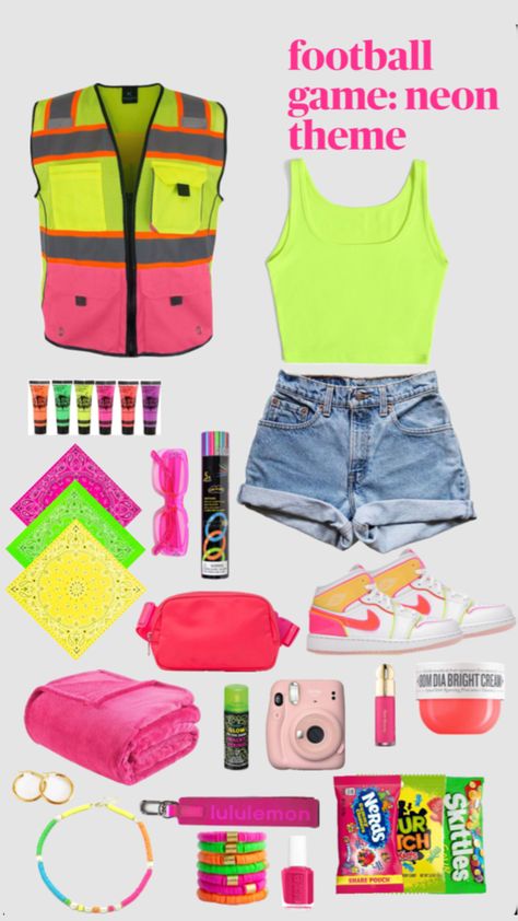 #fridaynightlights #neon #footballgametheme Neon Night Football Theme, Neon Cheer Theme, Football Game Neon Theme, Neon Outfit Ideas For Football Games, Neon Football Game Outfit, Neon Fnl Theme, Neon Pep Rally Outfit, Neon Student Section Outfits, Highschool Preparation