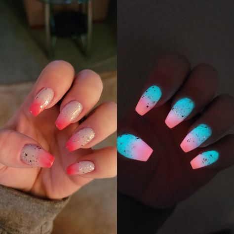 Ombre Glow In The Dark Nails, Glow Dark Nails, Glow In The Dark Ombre Nails, Glow Acrylic Nails, Glow In Dark Nails Art Designs, Glow In The Dark Dip Powder Nails, Glow In The Dark Nails Short, Short Glow In The Dark Nails, Glow In The Dark French Tip Nails