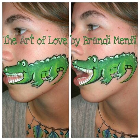 Gator mouth face painting by "The Art of Love" by Brandi Menfi. The boys love this one. Crocodile Makeup Halloween, Crocodile Face Paint, Gator Face Paint, Jungle Animal Face Paint Easy, Gecko Face Paint, Jungle Theme Face Painting, Alligators Art, Animal Face Paintings, Face Painting For Boys