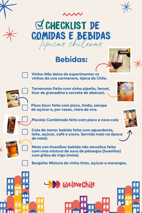 Claaaro que tem que ter um checklist bem completão com as bebidas que você precisa experimentar na sua viagem ao Chile, né? Afinal conhecer um país no 100% também inclui mergulhar na sua gastronomia. Está vindo pro Chile? Então já salva esse post pra não esquecer de quais bebidas típicas experimentar! #chile #santiago #viagemchile #dicadeviagem Chile Culture Aesthetic, Travel To Chile, Chile Travel Destinations, Chile Itinerary, Chile Country, Pisco Sour, Pisco, Travel