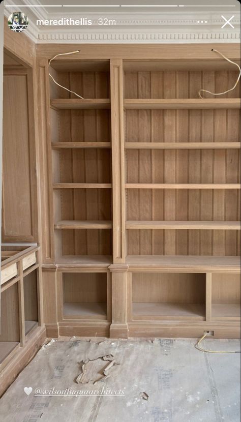 Spanish Style Built In Bookcase, Natural Wood Built In Bookshelves, White Oak Library, Bookcase Trim Ideas, French Bookshelves, White Oak Built In Bookshelves, Victorian Built In Bookcase, Wooden Built Ins, Bookshelf Built In