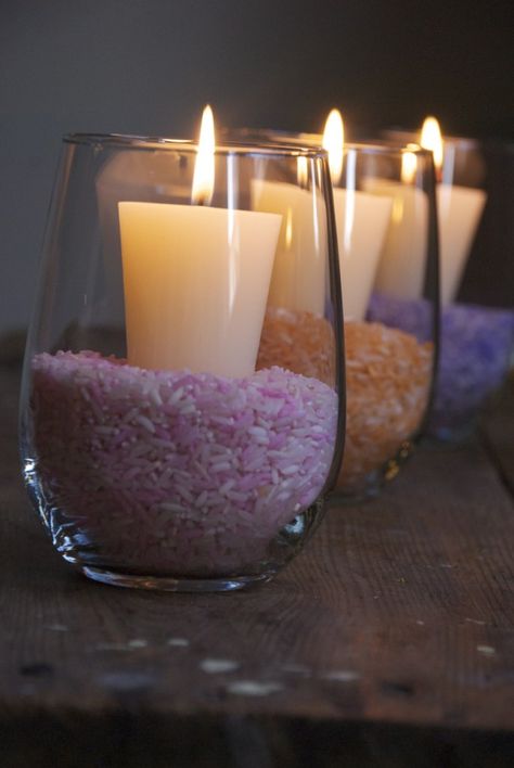 Family Chic Dyed Rice, Candle Decoration, Making Candles Diy, Low Cost Wedding, Colored Rice, Candles Crafts, Affordable Wedding, Baking Supplies, Cheap Wedding