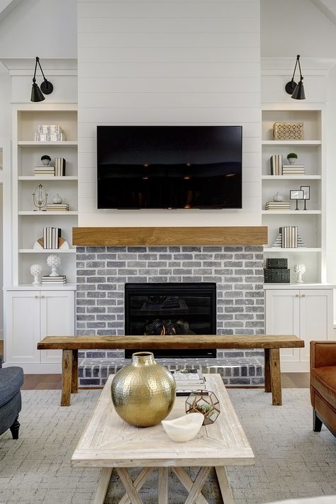 Red Brick And Shiplap Fireplace, Fireplace Flanked By Bookshelves, Two Tone Brick Fireplace, Painted Red Brick Fireplace, Red Brick Fireplace With Built Ins, Fireplace With Shiplap Above, Shiplap And Brick Fireplace, Grey Brick Fireplace, Natural Brick Fireplace