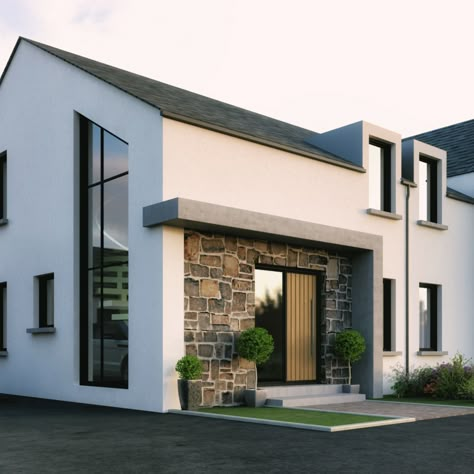 Modern house outside Antrim, Northern Ireland. with features such as large glazed frontage & natural stone cladding & slate roof with modern dormers Modern House Stone Exterior, Large Gable House, Modern New Build House Uk, Stone Contemporary House, Modern House Exterior Ireland, Modern Bungalow Ireland, Gable Roof Modern House, Modern Cladding Ideas, Modern House With Gable Roof