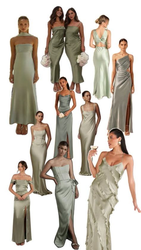 Wedding Anniversary Dress Ideas, Wedding Guest Color Palette, Bridesmaid Dresses Garden, Mismatched Green Bridesmaid Dresses, Bridesmaid Color Scheme, Olive Bridesmaid Dresses, Bridesmaid Color, Green Dress Outfit, Modern Bridesmaid