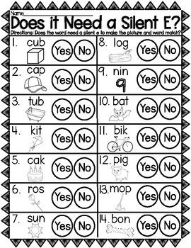 Does It Need a Silent E Worksheet? | Sneaky Silent E | Magic E:Students look at the picture and then read the word above it. Does the word need a silent e to make the picture and word match? Students color in the circle that says "yes" if it does need a silent e and they color in the circle that say... Silent E Worksheets Free, Magic E Worksheet, Silent E Activities, Silent E Worksheets, Sneaky E, E Worksheet, Silent E, Magic E, Reading Specialist