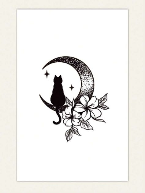 Cat On Moon Tattoo, Cat Ear Tattoo, Cat Moon Tattoo, Cat And Moon Tattoo, Cute Cat Tattoo, Moon Cat, Semi Permanent Tattoo, Diy Body, Permanent Tattoo