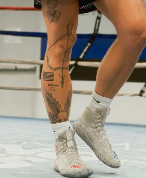 Dgray Man Tattoo, Leg Tattoo Men Above Knee, Below Knee Tattoo Men, Knee Tattoo Men Ideas Guys, Jake Paul Leg Tattoo, Men’s Knee Tats, Kneecap Tattoo Ideas Men, Tattoo Inspiration Men Leg, Mens Leg Tattoo Ideas Calves