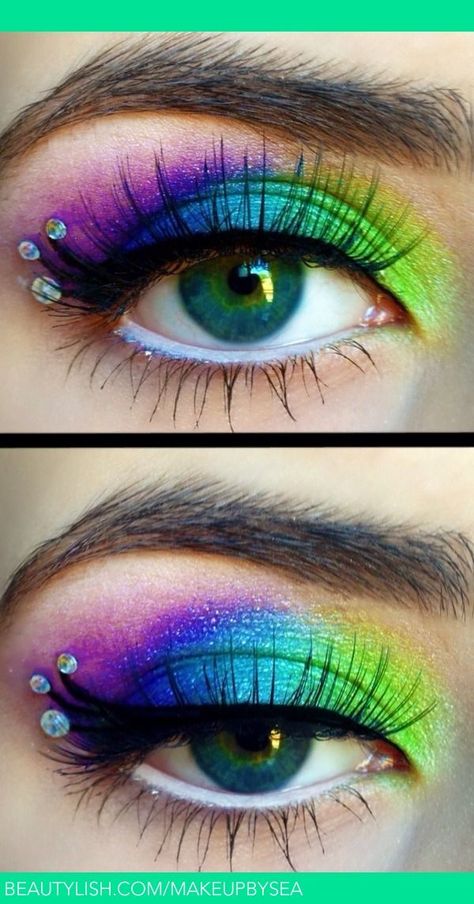 Peacock makeup! | Sarah A.'s (Makeupbysea) Photo | Beautylish Vivid Eyeshadow Looks, Peacock Eyeshadow Looks, Mardi Gras Eye Makeup, Bright Colorful Eye Makeup, Peacock Eyeshadow, Rainbow Eyelashes, Pretty Eyelashes, Peacock Eye Makeup, Peacock Makeup