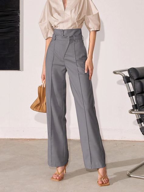 High Waist Plicated Detail Suit Pants | SHEIN EUR Grey Trousers Outfit Women, Fashion Trousers Women, Formal Pants Women, Grey Pants Outfit, Women Trousers Design, Office Attire Women, Celana Fashion, Trouser Outfit, Slacks For Women