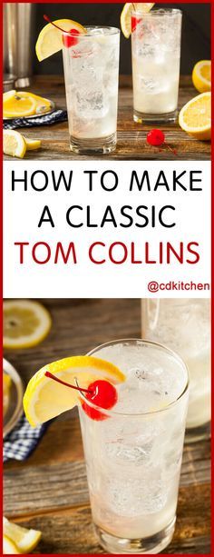 Classic Tom Collins Cocktail - This is a refreshing cocktail that tastes like sparkling lemonade, with a gin kick. The origins of the Tom Collins are a bit muddy. Prior to the drink there was another drink called the John Collins which used Old Tom gin along with lemon juice, sugar, and club soda. It's speculated that the name morphed into Tom Collins from that. | CDKitchen.com Tom Collins Drink, Tom Collins Cocktail, Tonic Cocktails, Gin Drink Recipes, Pool Cocktails, Collins Cocktail, Lemonade Punch, Sparkling Lemonade, Gin Sour