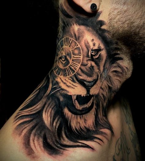 Neck Tattoos for Men: 19 Bold Ideas to Showcase Your Style Lion Neck Tattoo, Skeleton Hands Tattoo, Dove Neck Tattoo, Crown Neck Tattoo, Owl Neck Tattoo, Neck Tattoos For Men, Lion Tattoo Meaning, Neck Ideas, Front Neck Tattoo