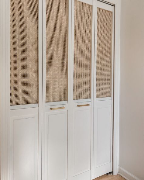 Rattan cane webbing white bedroom bi-fold closet doors minimalist boho Scandinavian scandi style Custom Closet Doors, Ideas De Closets, Diy Closet Doors, Bedroom Closet Doors, Billy Regal, Wood Organization, Closet Door Makeover, White Closet, Bifold Closet Doors