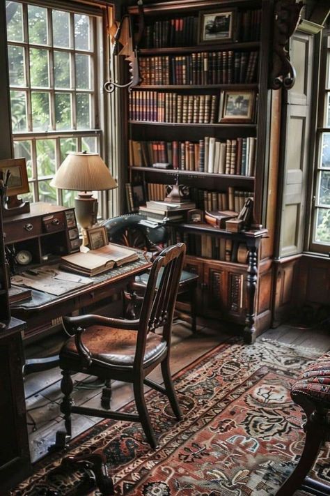 English Cottage Office, Cottage Office Ideas, Hobbit Cottage, Cottage Core Office, Victorian Study, Victorian Punk, Cottage Office, Dark Academia Home, All About Books