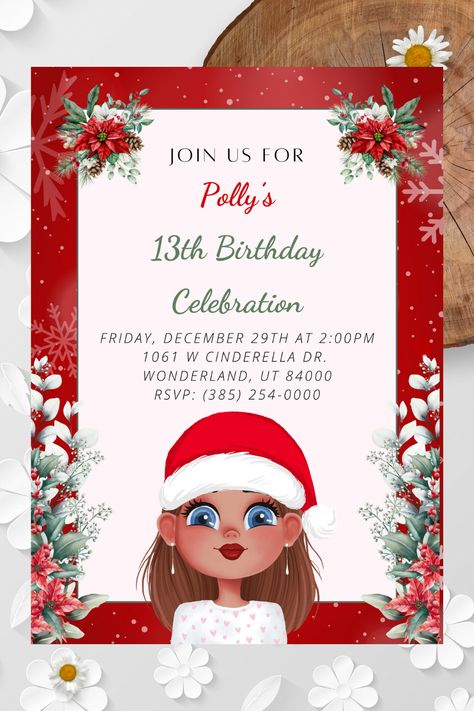 Christmas Birthday Party Invitations, Winter Birthday Invitations, Christmas Birthday Invitations, Hat Birthday, Red Santa Hat, Girl Holiday, 13th Birthday Parties, Christmas Birthday Party