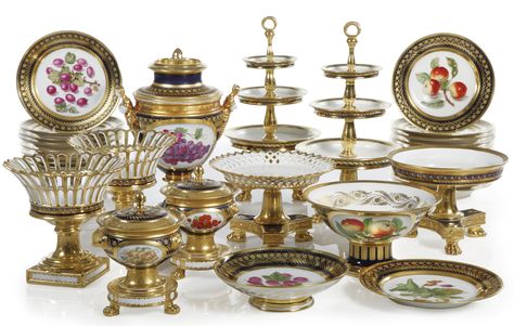 AN ASSEMBLED PARIS PORCELAIN PART DESSERT SERVICE  CIRCA 1820-25 Estimate  $40,000 — 60,000 SOLD. $ 80,500 Brunch Table Setting, Fine Dinnerware, Victorian Style Homes, Brunch Table, Paris Porcelain, Sweet Meat, Old Paris, Antique Plates, Art Exhibitions