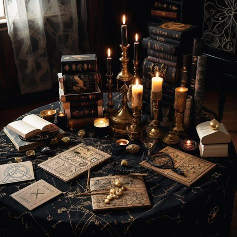 Witch Table Aesthetic, Mystical Table Decor, Witch’s Table, Witch Altar Table, Witch Room Concept Art, Apothecary Table Decor, Dark Academia Vendor Booth, Victorian Seance Aesthetic, Witchy Table Decor