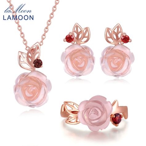 LAMOON Real 925 Sterling Silver Flower Rose Jewelry Sets Natural Pink Rose Quartz 18K Rose Gold Plated Fine Jewelry Set V033-1 Flower Petal Jewelry, Rose Quartz Jewelry, Pink Rose Quartz, Silver Jewellery Sets, Anniversary Jewelry, Flower Rose, Quartz Jewelry, Rose Jewelry, Rose Quartz Gemstone