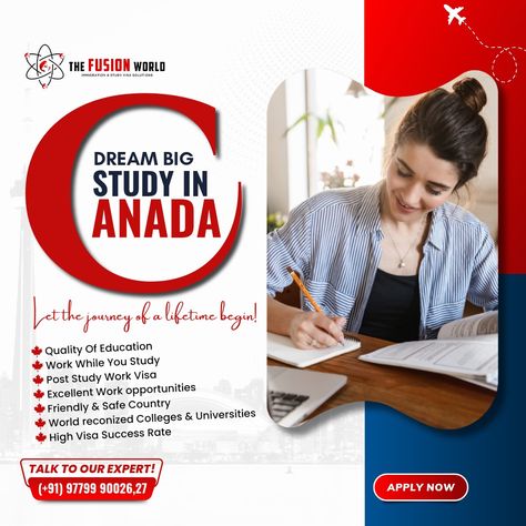 Unlock endless opportunities and elevate your future with a Canadian Study Visa 🇨🇦📚! Join the Fusion World family as we guide you through the path to world-class education and unforgettable experiences. 🌟🎓 🎓✨ Start your journey to success today. DM us "Study In Canada" to learn more! 👆🇨🇦 #studyincanada #highereducation #canada #canadastudyvisa #jan2024intake #studyabroad #canadaeducation #highereducation #bestcanadavisaconsultant #Visaconsultants Study In Canada Creative Ads, Canada Study Visa, Canada Study, Admissions Poster, Study In Canada, Endless Opportunities, Journey To Success, Work Opportunities, Medical Studies