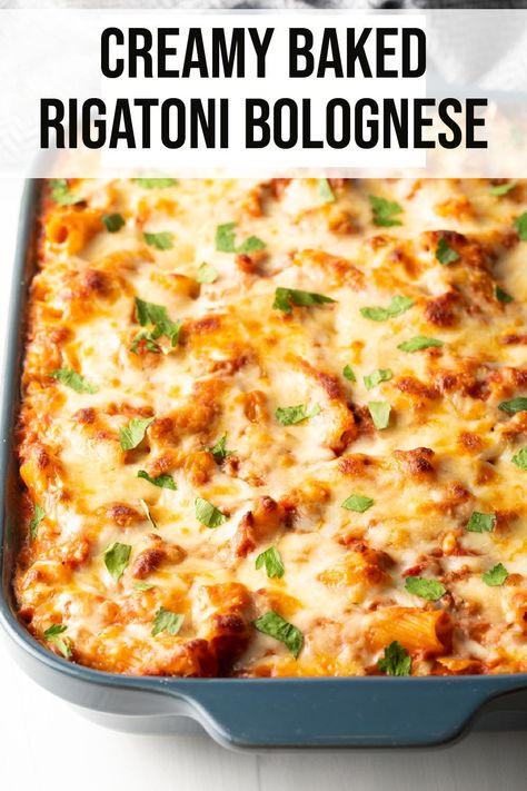 Baked Rigatoni Bolognese – An easy recipe for oven baked pasta with a rich and creamy bolognese sauce. Cheesy, meaty and satisfying, this hearty dish is a delicious and family-friendly classic comfort food! Bolognese pasta will always make you happy. Baked Pasta Bolognese, Best Baked Rigatoni Recipe, Baked Rigatoni Bolognese, Bolognese Baked Pasta, Bolanese Pasta, Rigatoni Bolognese Recipe Easy, Creamy Minced Beef Pasta, Beef Bolognese Pasta, Baked Bolognese Pasta