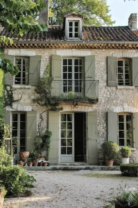 French Shutters Exterior Provence France, Southern Brick Homes Exterior, French Manor House Exterior, French Farmhouse Outside, French Mansard House, European Carriage House, French Provence Aesthetic, Provence House Exterior, French Stone Cottage