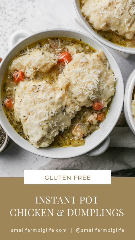 This easy homemade gluten free Instant Pot chicken and dumplings recipe is the best! The gluten free biscuits are made from scratch in this healthy soup. This is a quick Instant Pot recipe for an easy weeknight meal. Instant Pot Chicken And Dumplings, Turkey And Dumplings, Gluten Free Instant Pot Recipes, Gluten Free Soup Recipes Glutenfree, Gluten Free Instant Pot, Chicken And Dumplings Recipe, Gluten Free Biscuits, Instant Pot Recipe, Leftover Rotisserie Chicken