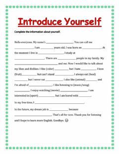 Introduce yourself Language: English Grade/level: 1-6 School subject: English as a Second Language (ESL) Main content: Introducing yourself Other contents: Self Introduction How To Give Introduction In English, Self Introduce English, Introduce Yourself In School, Self Introduction Speech Student, How To Introduce Yourself In School, Self Introduction In English For College, Self Introduction In English, Introduce Yourself Template, Self Introduction Speech