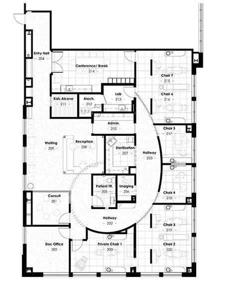 Lotus Family Dental - Floor Plan 3100 sq ft (space distribution) Hospital Floor Plan, Office Layout Plan, Studio Medico, Office Floor Plan, Medical Office Design, Healthcare Architecture, Dental Design, Cabinet Medical, Office Plan