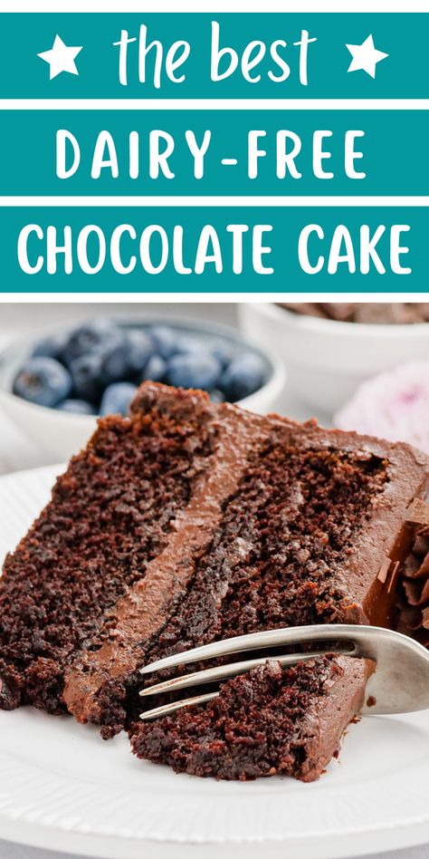 This dairy-free chocolate cake is ultra-rich, moist and chocolaty! It doesn’t use any specialty ingredients and can be made with all-purpose, gluten-free or whole wheat flours. It’s also easy to make vegan! With instructions for cupcakes, too. An amazing dairy-free dessert. Gluten Free Dairy Free Cake, Dairy Free Cake Recipe, Dairy Free Chocolate Cake, Dairy Free Recipes Dessert, Dairy Free Baking, Dairy Free Cake, Dairy Free Dessert, Dairy Free Chocolate, Healthy Cake