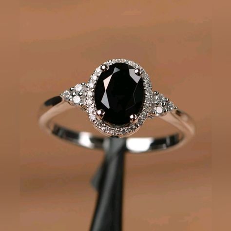 Nwt- Black Cubic Zirconia Ring Brand New In 2 Different Sizes 1 At Size 7 1 At Size 9 Black Spinel Ring, Black Wedding Rings, Spinel Ring, Black Diamond Ring, Elegant Ring, Halo Diamond Engagement Ring, Unique Engagement, Engagement Jewelry, Gold Diamond Rings