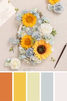 Flower Colors Palette, Sunflower Color Pallete, Fierce Color Palette, Apricot And Green Color Palettes, Sunflower Color Scheme, Sunflower Colour Palette, Rustic Wedding Color Schemes Summer Colour Palettes, Wedding Colors With Yellow, Spring Flower Color Palette