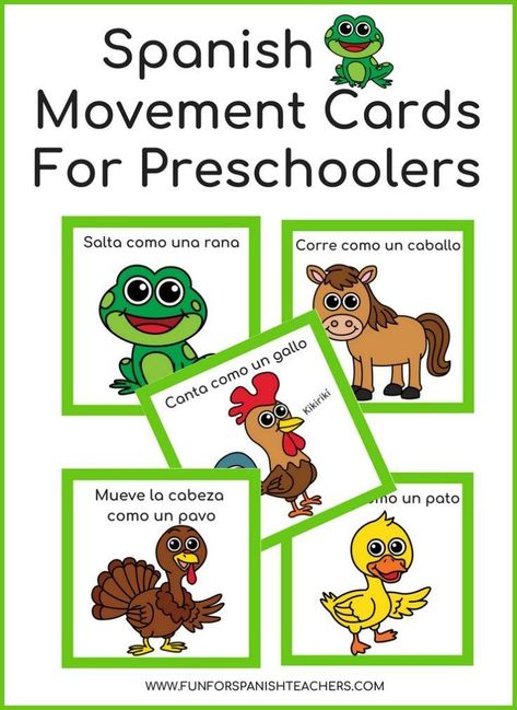 Spanish movement cards incorporate physical activity into language learning. Printable cards with animal words and common verbs to use with kids. Cards With Animals, Preschool Spanish Lessons, Spanish Animals, Movement Cards, Preschool Spanish, Spanish Games, Learning Spanish For Kids, Learn To Speak Spanish, Spanish Basics