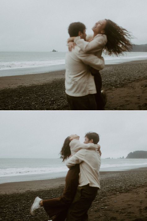 Winter Beach Photoshoot Couple, Winter Beach Engagement Photos, Hiking Engagement Photos, Beach Couples Photoshoot, Creative Shoots, Seattle Engagement Photos, Couples Adventure, Casual Engagement Photos, Rialto Beach