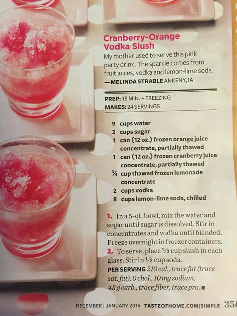 Cranberry orange vodka slush Cranberry Slush Recipe, Vodka Slushies Recipes, Frozen Cranberry Orange Vodka Slush, Vodka Slush Recipe Frozen, Vodka Slush Recipe, Vodka Pineapple Cranberry Drink, Alcoholic Slush Recipes, Vodka Slush, Grapefruit Vodka