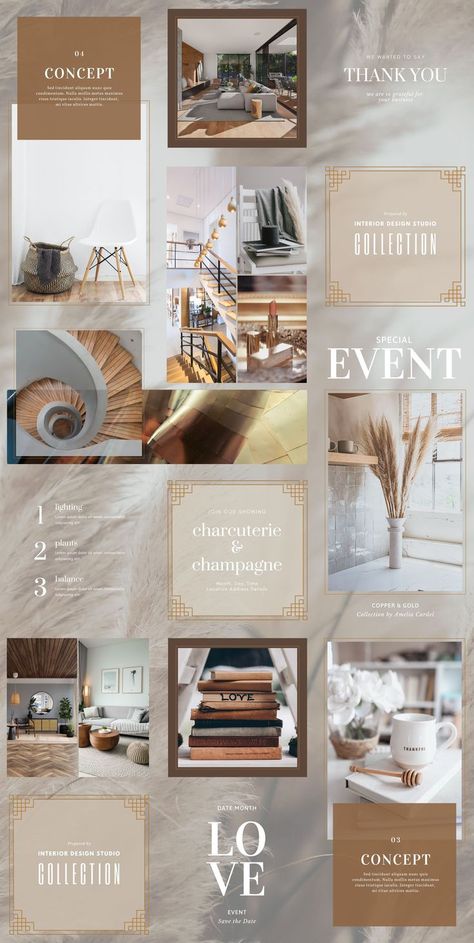 Copper and Cream - Elegant Instagram Puzzle Feed Canva Template - Copper frames and cream accents. Feather wheat background with headlines. This is a puzzle that can be purchased, edited and divided into posts for your Instagram feed. Influencer Event, Event Planers, Instagram Grid Layout, Elegant Instagram, Instagram Puzzle Feed, Interior Design Template, Puzzle Feed, Instagram Plan, Instagram Feed Layout