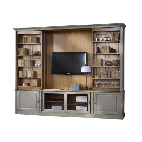 Sliding Bookcase TV Modular from GRANGE Furniture - Dering Hall Tv Bookcase, Hidden Tv Cabinet, Living Room Units, Built In Wall Units, Hidden Tv, Built In Cabinet, Casa Country, Bookcase Wall, Media Cabinet