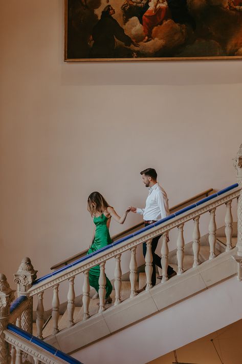 museums engagement photos, green dress, engaged couple, art museum Engagement Photos Wes Anderson, Philbrook Museum Engagement Photos, Museum Engagement Pictures, Architectural Engagement Photos, Art Museum Date Aesthetic, Engagement Photos Art Gallery, Art Deco Engagement Photos, Art Museum Engagement Shoot, Museum Engagement Shoot