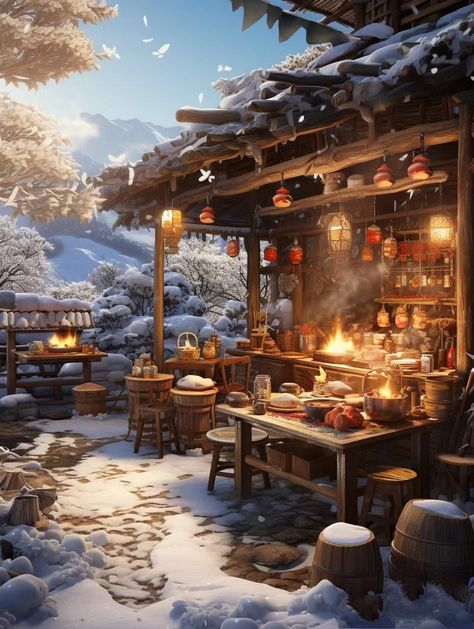 Ice Village Fantasy Art, Fantasy Inn Exterior, Calming Pictures, Japanese Town, Viking Village, Magical Room, Mansion Exterior, Japanese Village, Fantasy Shop