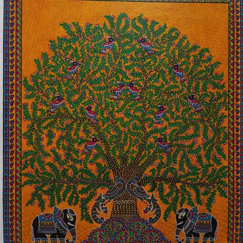 This is what 81 hours of hard work over 50 days looks like. Presenting, KALPTARU, THE TREE OF LIFE in madhubani style. Also known as the Cosmic Tree, the World Tree, or the Holy Tree, it is a universal symbol of personal and financial growth, good health and a bright future, wisdom, strength, protection, abundance, beauty, and redemption. Elephants traditionally symbolize good luck, wisdom, fertility, and protection. Peacock represents spring, birth, new growth, prolonged existence, and love. Mithila Art, Gond Painting, Warli Art, Madhubani Paintings, World Tree, Interior Ceiling, Financial Growth, Kalamkari Painting, Airport Lounge