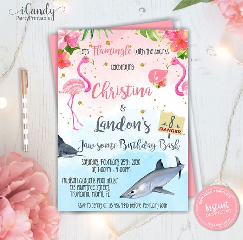 Shark Invitation, Sibling Birthday Parties, Flamingo Invitation, Bling Party, Fiesta Tropical, Pool Birthday, Twin Birthday, Flamingo Party, Shark Birthday