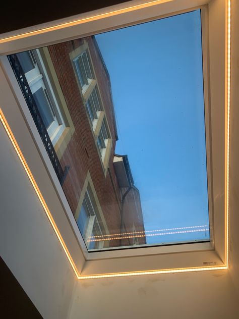 Bathroom With Velux Window, Led Lights Around Window, Skylight Lighting Ideas, Roof Lights Ideas Ceilings, Led Tape Lighting Ideas, Skylight Lighting, Skylights Ideas, Loft Windows, Ceiling Window