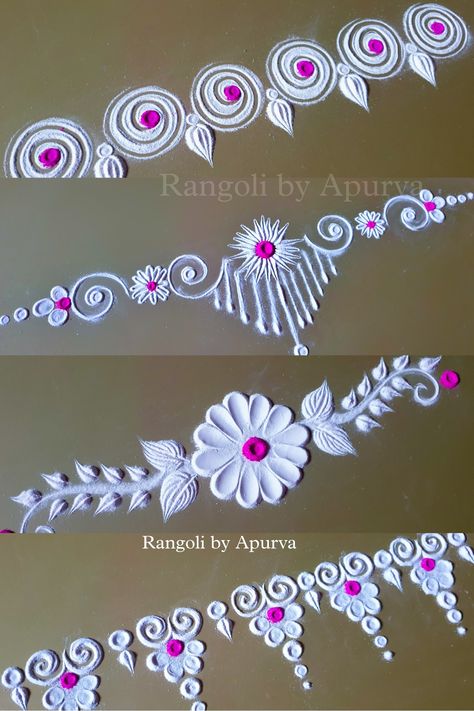 Visit YouTube channel for full length videos Aesthetic Rangoli Border, Rangoli Designs White, Rangoli Border Designs Simple, Side Border Rangoli Designs, Aesthetic Rangoli, Rangoli Designs Border, Border Rangoli Designs, Kundan Rangoli, Simple Rangoli Designs