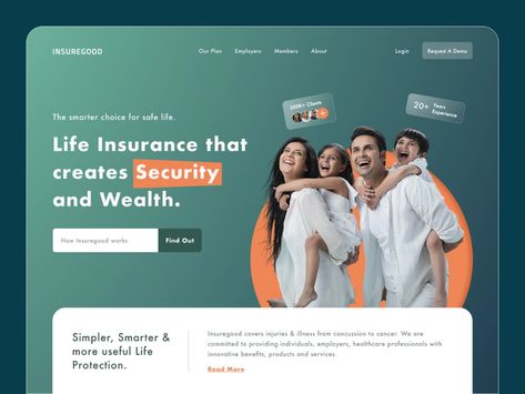 INSUREGOOD - Insurance Landing Page by DEVESH BAIRAGI for Nickelfox on Dribbble Health Insurance Website Design, Insurance Website Design Inspiration, Insurance Website Design, Insurance Landing Page, Insurance Branding, Pitch Deck Design, Health Websites, Insurance Website, Design Sites