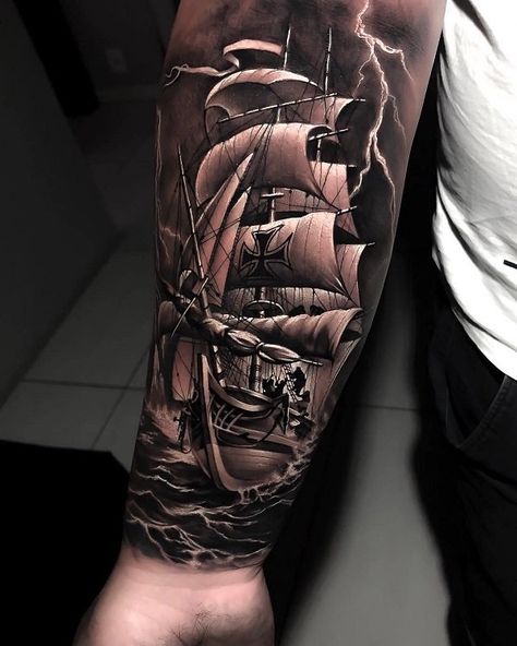 100 Boat Tattoo Designs Boat Tattoos, Back Of Hand Tattoos, Ship Tattoo Sleeves, Pirate Ship Tattoos, Nautical Tattoo Sleeve, Pirate Ship Tattoo, Tattoos Color, Boat Tattoo, Pirate Tattoo