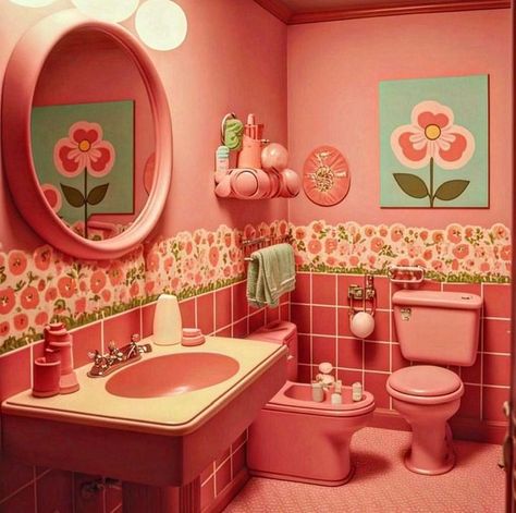 Retro Bedroom Ideas 1950s, Pink Vintage Bathroom, 60s Bathroom Decor, Pink Bathroom Vintage, 70s Room, 60s Interior, 70s Interior Design, Pink Toilet, 70s Interior