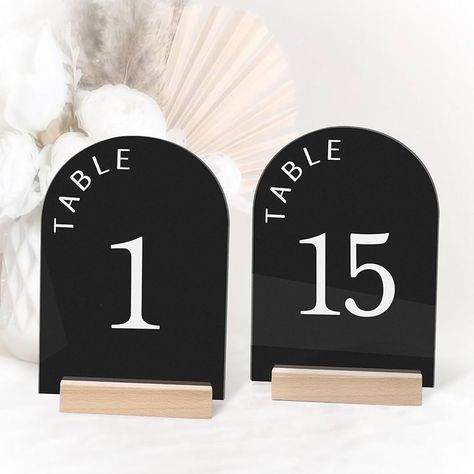 Wedding Black Decor, Autumn Wedding Table Numbers, Mirror Wedding Table Numbers, Wedding Table Numbers Diy, Modern Arch Wedding, Black Tie Wedding Decor, Black Table Numbers, Table Signs Wedding, Reception Table Number