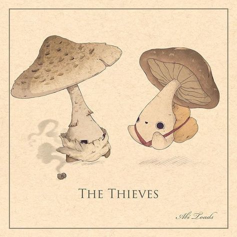 The newest little fungi to join the Mycelium crew are the thieves! This duo can pull off the greatest of heists if one is not careful… | Instagram Abi Toads, Game Image, The Thieves, Character Artwork, Mushroom Drawing, Pencil Sketch Images, Vintage Mushroom, Frog Art, Mushroom Art