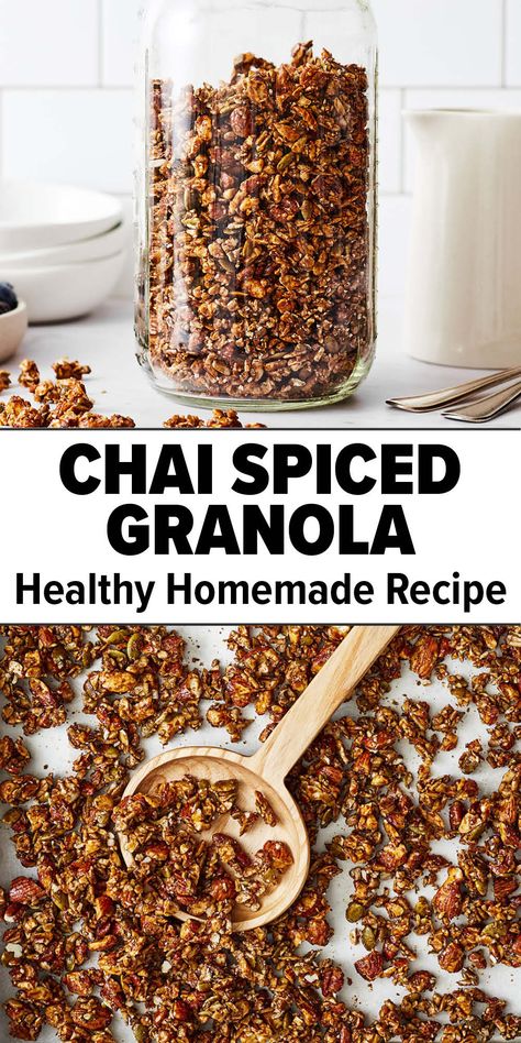 Healthy homemade granola with chai spices Chai Spiced Granola, Chai Seeds For Breakfast, Flax Seed Granola Recipe, Chai Granola, Keto Granola Recipe, Nuts And Seeds Recipes, Nut Granola Recipe, Cabin Recipes, Chia Granola