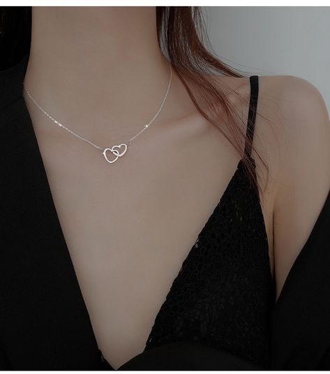 Voq 925 Sterling Silver Double Heart Choker Necklace For Women Girl Party Clavicle Chain Necklace Gifts Jewelry - Necklaces - AliExpress Kalung Choker, Female Clavicle, Heart Choker Necklace, Romantic Necklace, Double Heart Necklace, Friend Jewelry, Ring Heart, Celtic Knots, Choker Pendant