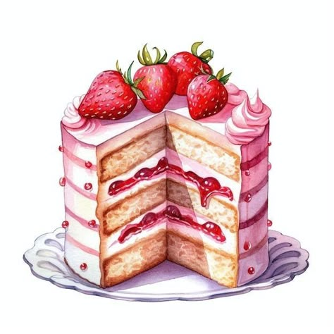 Cake Doodle, Sweets Drawing, Vintage Pasta, Desserts Drawing, Aesthetic Desserts, Cake Clipart, Food Art Painting, Strawberry Art, Cake Drawing